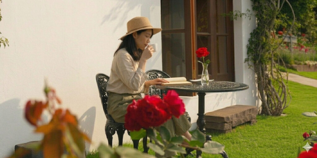 バラ庭でくつろぐ女性