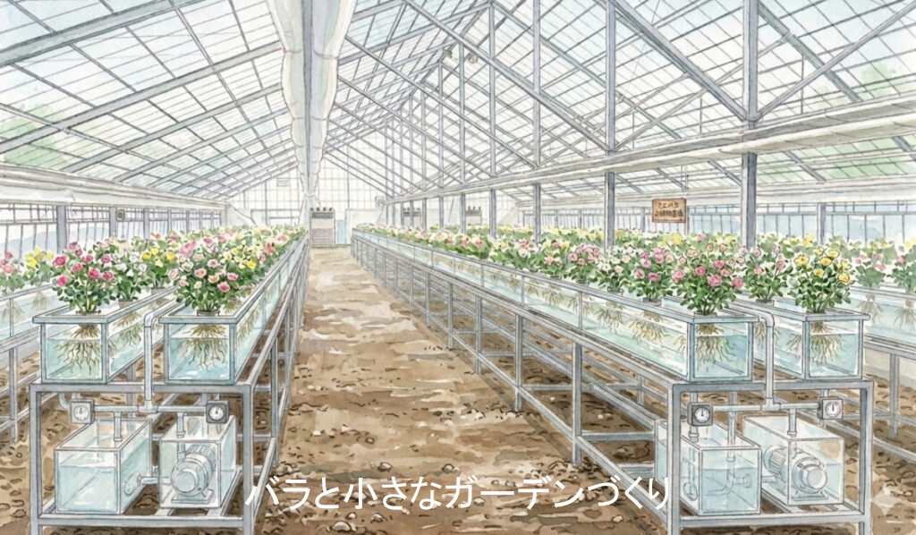 ミニバラの水耕栽培温室のイメージ