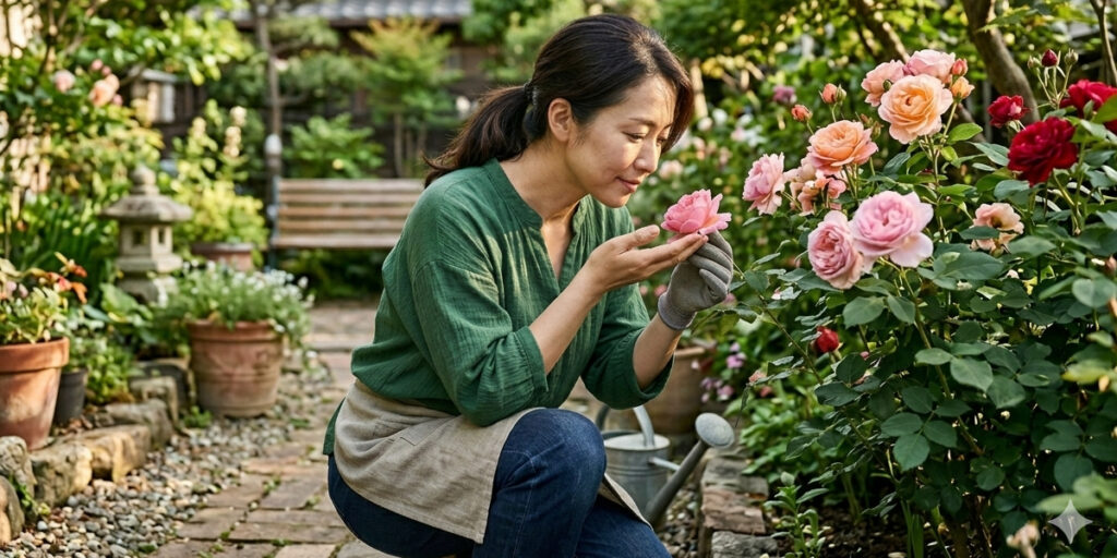 バラをよく観察する女性