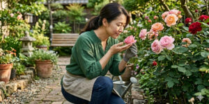バラをよく観察する女性